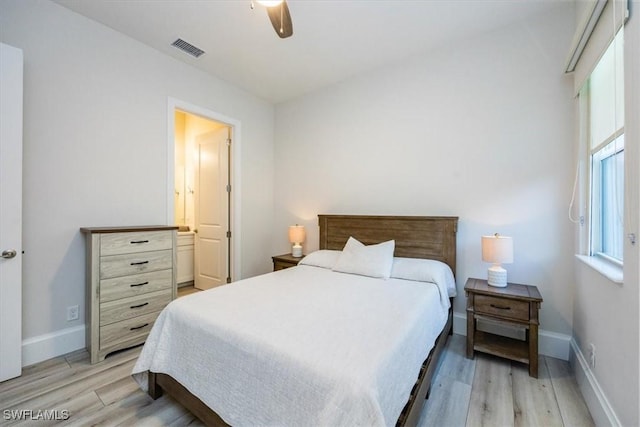 bedroom featuring ceiling fan and light wood-type flooring