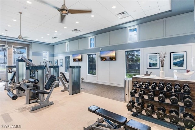 gym featuring plenty of natural light, ceiling fan, and light colored carpet