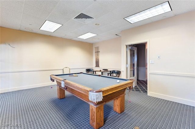 playroom with pool table, a paneled ceiling, and dark carpet