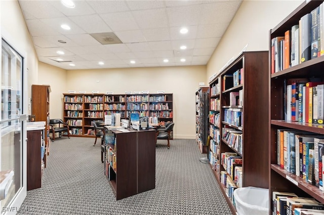 home office with a paneled ceiling and carpet flooring