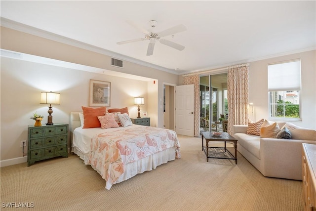 carpeted bedroom with access to exterior, ceiling fan, and crown molding