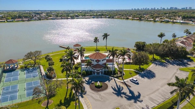 aerial view featuring a water view