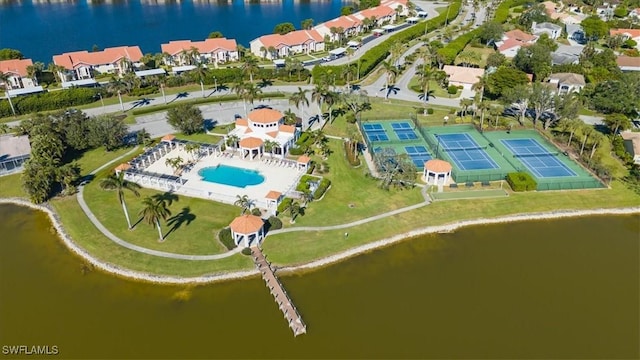 bird's eye view with a residential view and a water view