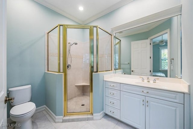 bathroom with tile patterned floors, ornamental molding, ceiling fan, toilet, and a shower with shower door