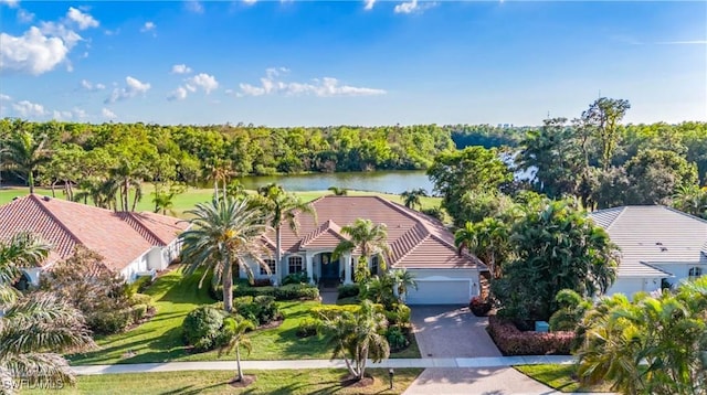 bird's eye view with a water view