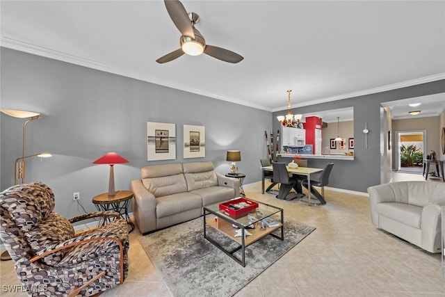 tiled living room with crown molding and ceiling fan with notable chandelier