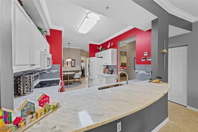 kitchen featuring white cabinets, white appliances, kitchen peninsula, and sink