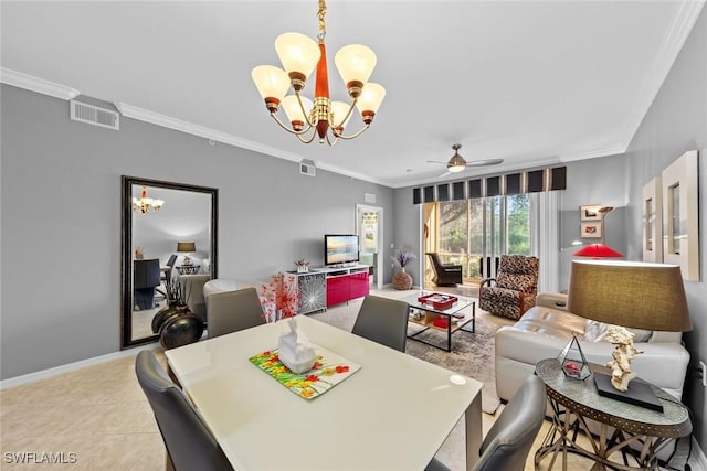 dining space with light tile patterned floors, ceiling fan with notable chandelier, and ornamental molding