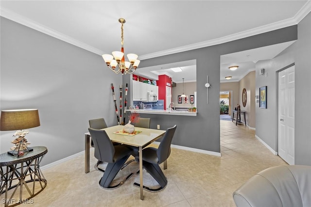 dining space with light tile patterned flooring, a chandelier, and ornamental molding