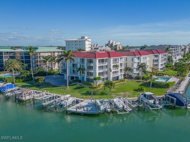 drone / aerial view with a water view