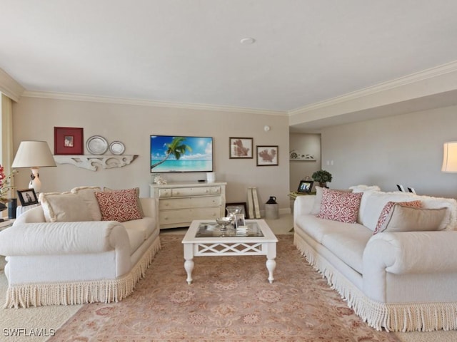 carpeted living room with ornamental molding