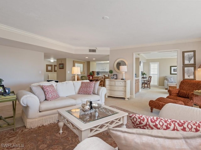 living room with light colored carpet and crown molding