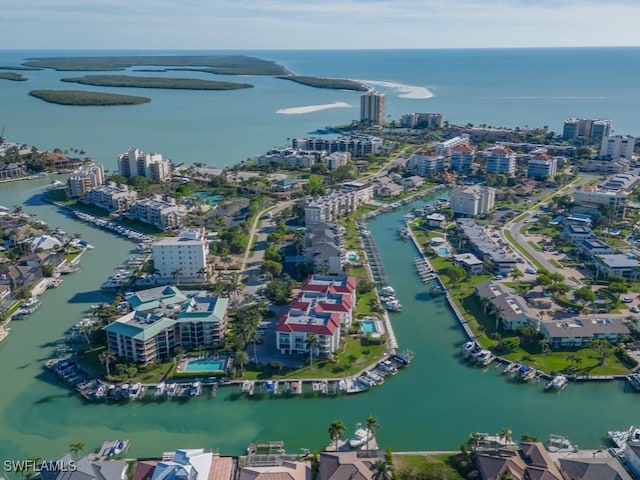 bird's eye view with a water view