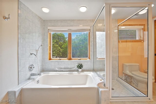 bathroom with separate shower and tub and toilet