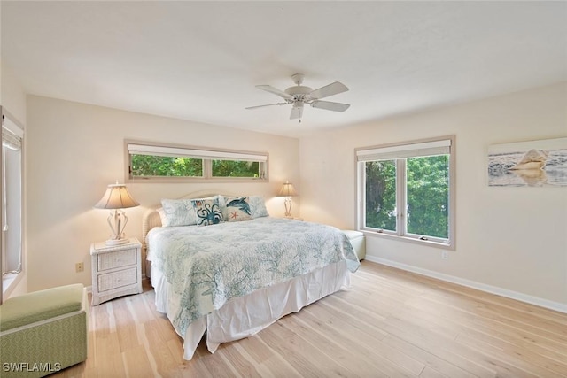 bedroom with ceiling fan and light hardwood / wood-style flooring