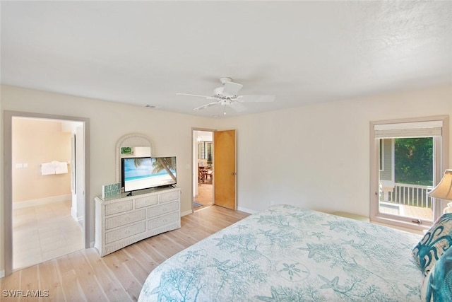 bedroom with ceiling fan and light hardwood / wood-style floors