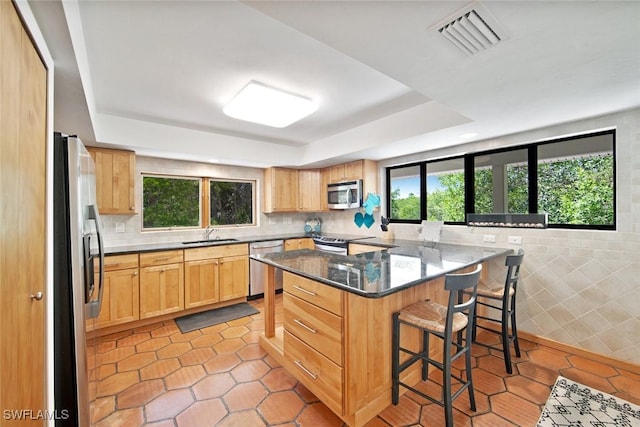 kitchen featuring dark stone counters, a kitchen breakfast bar, sink, a kitchen island, and stainless steel appliances