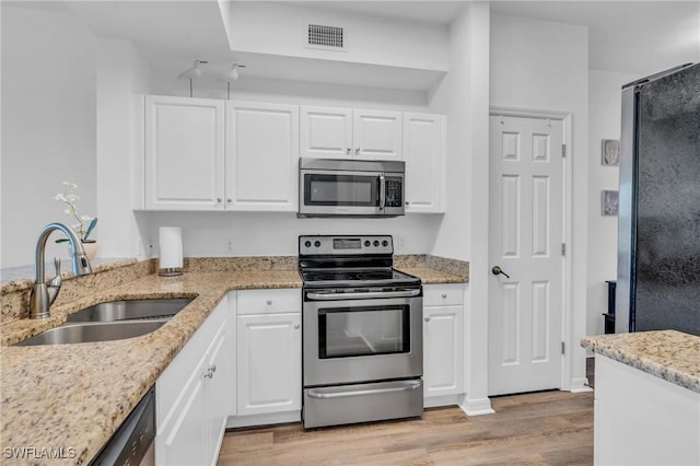 kitchen featuring light stone countertops, sink, white cabinets, and appliances with stainless steel finishes