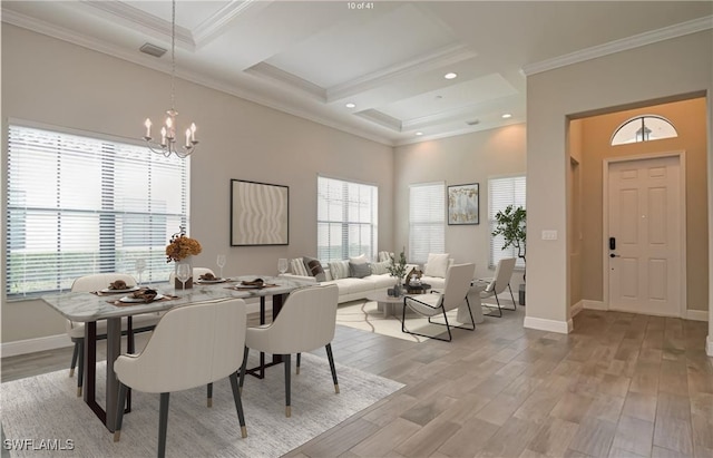 dining room with coffered ceiling, light wood-type flooring, ornamental molding, and a notable chandelier