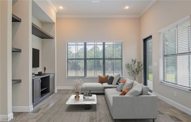 living room with a wealth of natural light, crown molding, and light hardwood / wood-style floors