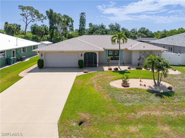 single story home with central AC, a front lawn, and a garage