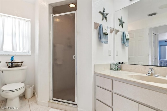 bathroom with tile patterned flooring, vanity, toilet, and a shower with shower door