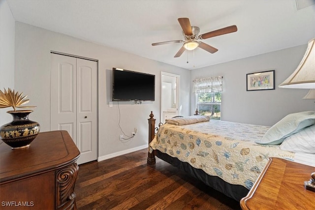 bedroom featuring a closet, dark wood-type flooring, and ceiling fan