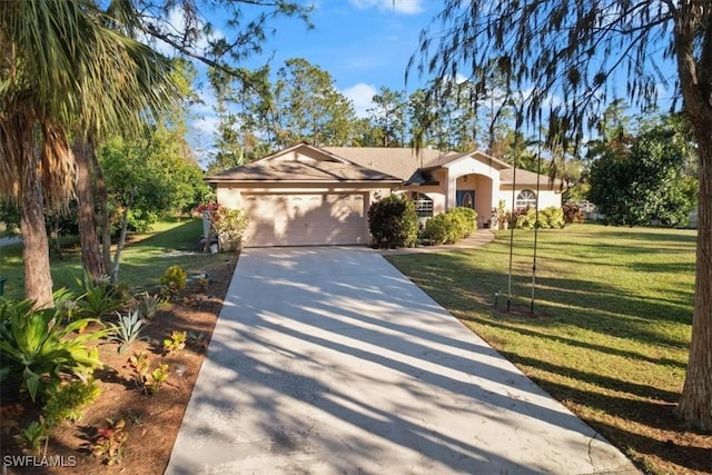 single story home featuring a front lawn and a garage