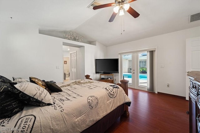 bedroom with french doors, access to outside, ceiling fan, dark wood-type flooring, and lofted ceiling