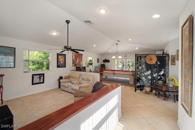 tiled living room with a wealth of natural light, ceiling fan, lofted ceiling, and pool table