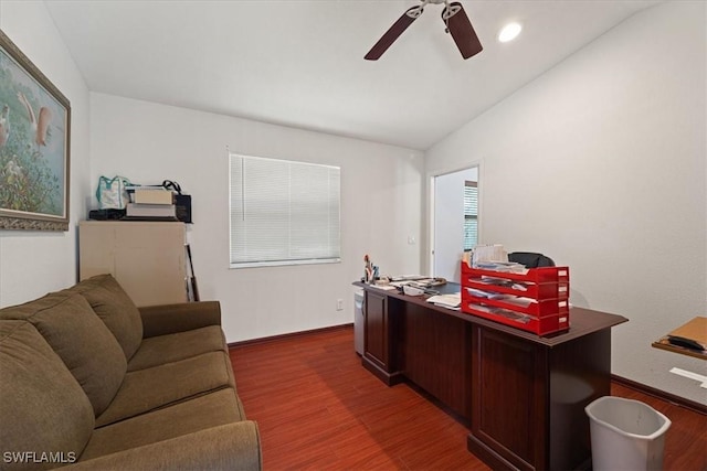 office with dark hardwood / wood-style flooring, ceiling fan, and lofted ceiling