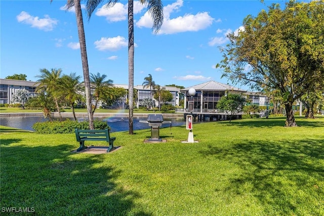 view of property's community featuring a water view and a yard