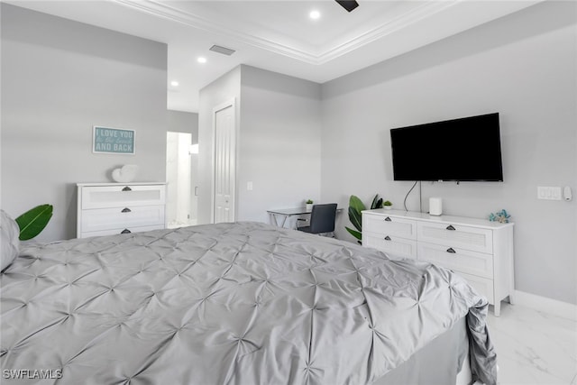 bedroom with a closet, crown molding, and ceiling fan