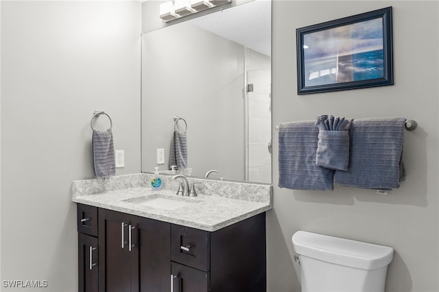 bathroom with toilet, vanity, and walk in shower