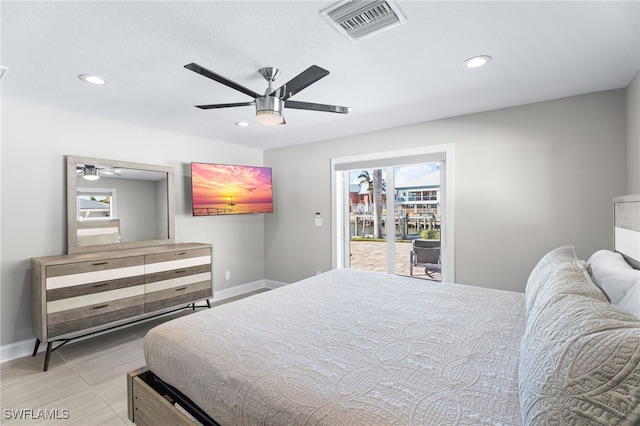 bedroom featuring recessed lighting, visible vents, baseboards, and a ceiling fan