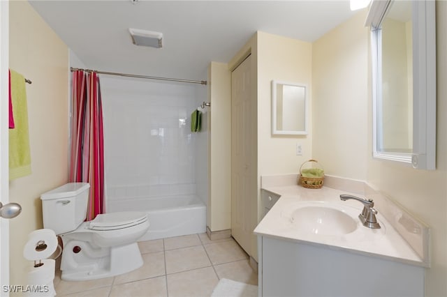 full bathroom featuring tile patterned flooring, vanity, toilet, and shower / bathtub combination with curtain