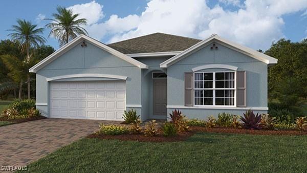 view of front of house with a garage, decorative driveway, a front lawn, and stucco siding