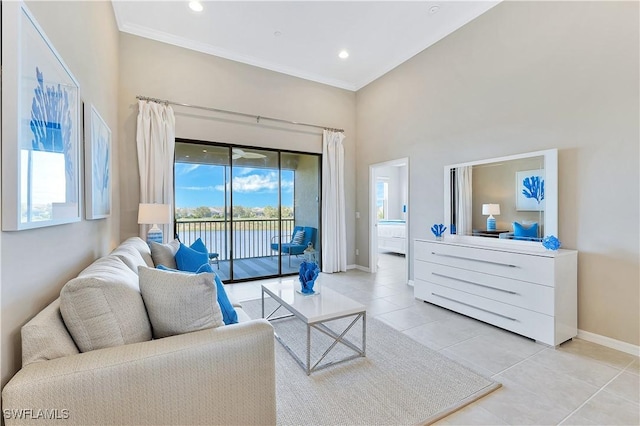 tiled living room featuring crown molding