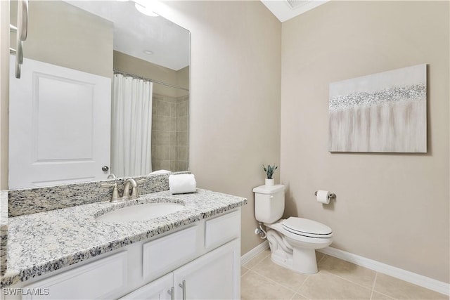 bathroom featuring tile patterned floors, vanity, toilet, and a shower with curtain