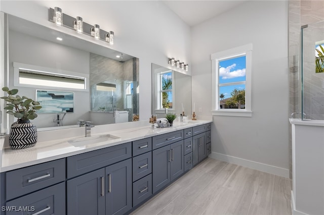 bathroom featuring hardwood / wood-style floors, vanity, and a shower with door