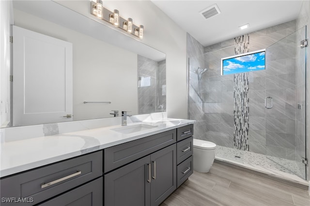 bathroom featuring toilet, vanity, wood-type flooring, and walk in shower