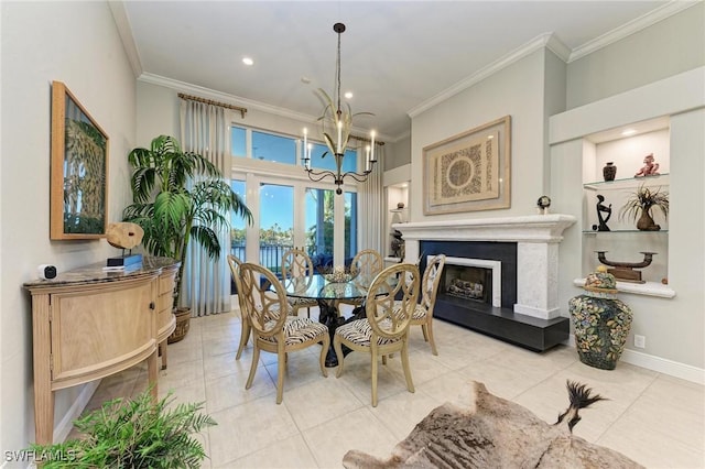 tiled dining area with a notable chandelier and ornamental molding