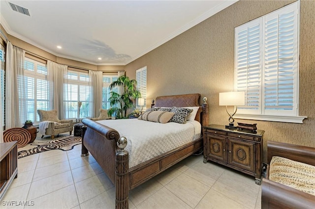 bedroom with crown molding and light tile patterned flooring