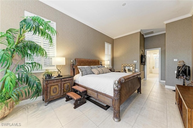 bedroom featuring connected bathroom, crown molding, and light tile patterned floors