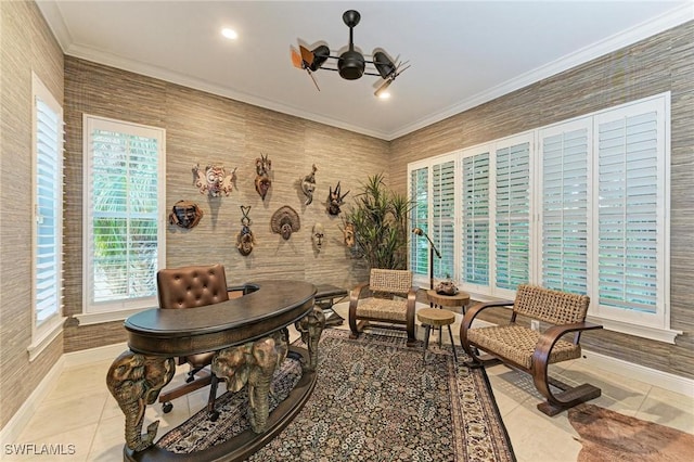 living area featuring a chandelier, light tile patterned floors, and ornamental molding