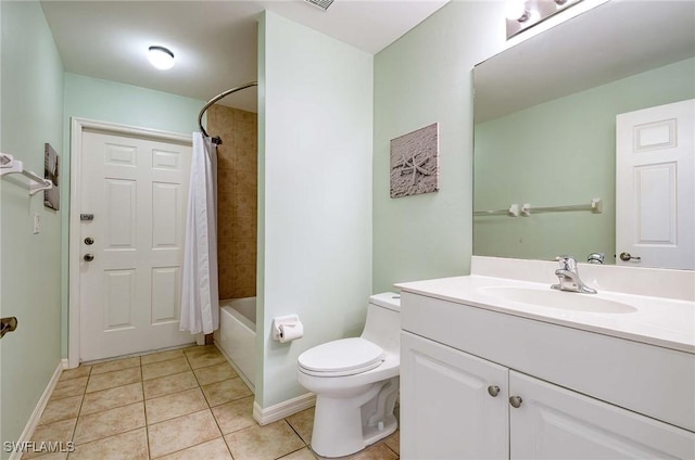 full bathroom featuring tile patterned flooring, vanity, shower / bath combination with curtain, and toilet