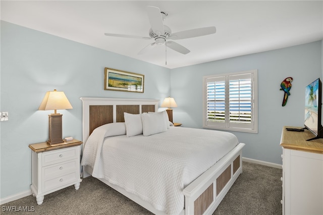 bedroom with ceiling fan and dark colored carpet