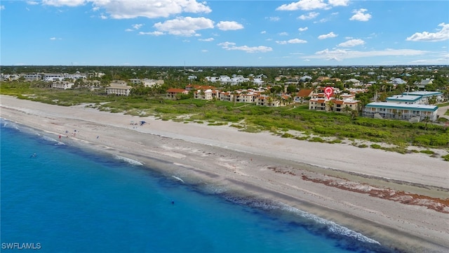 aerial view featuring a water view and a view of the beach