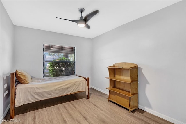 bedroom featuring ceiling fan and light wood-type flooring