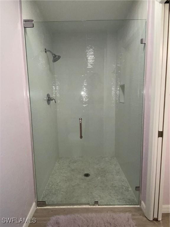 bathroom featuring a shower with door and hardwood / wood-style floors